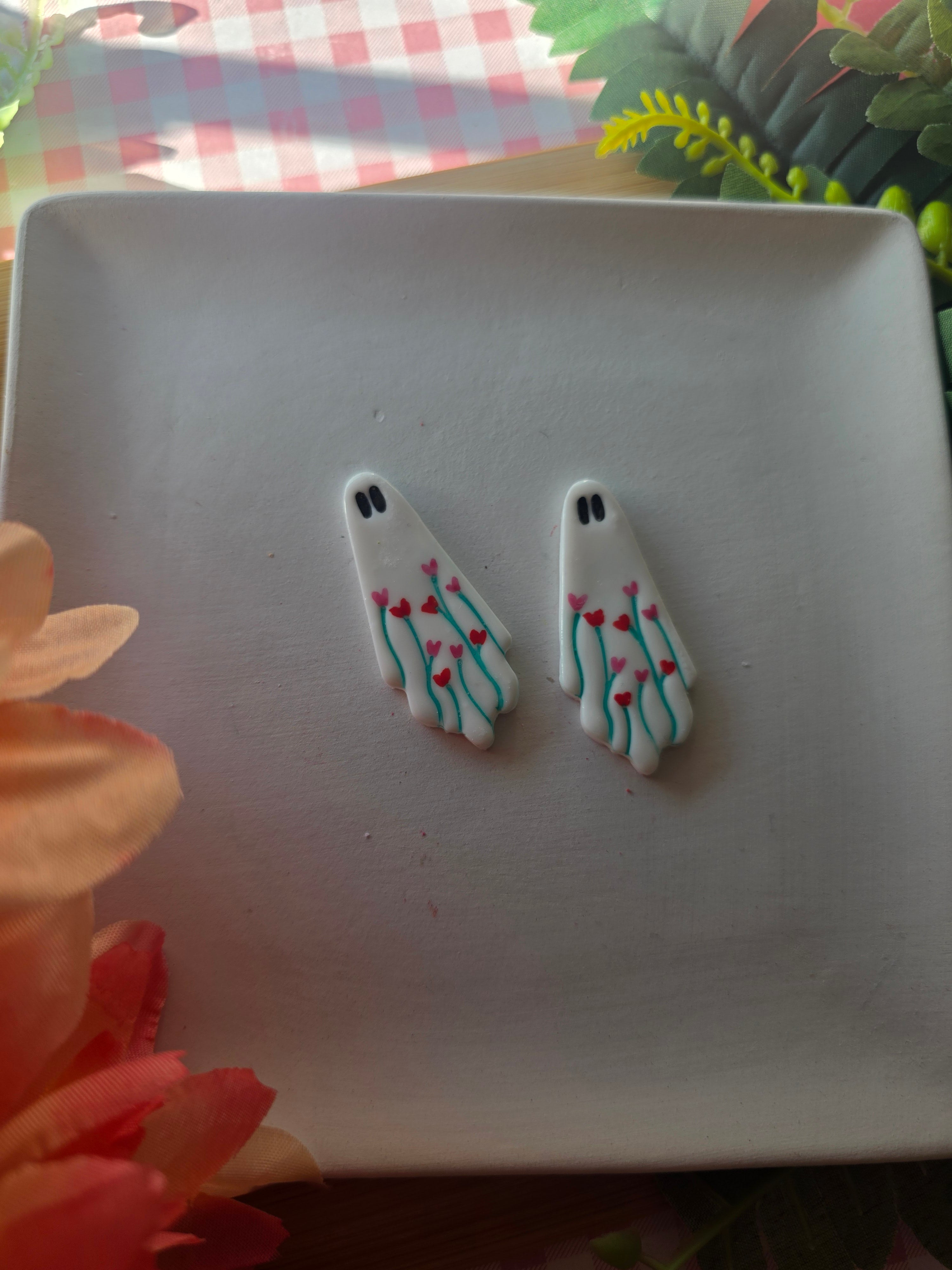 Heart Flowers Ghost Valloween Earrings