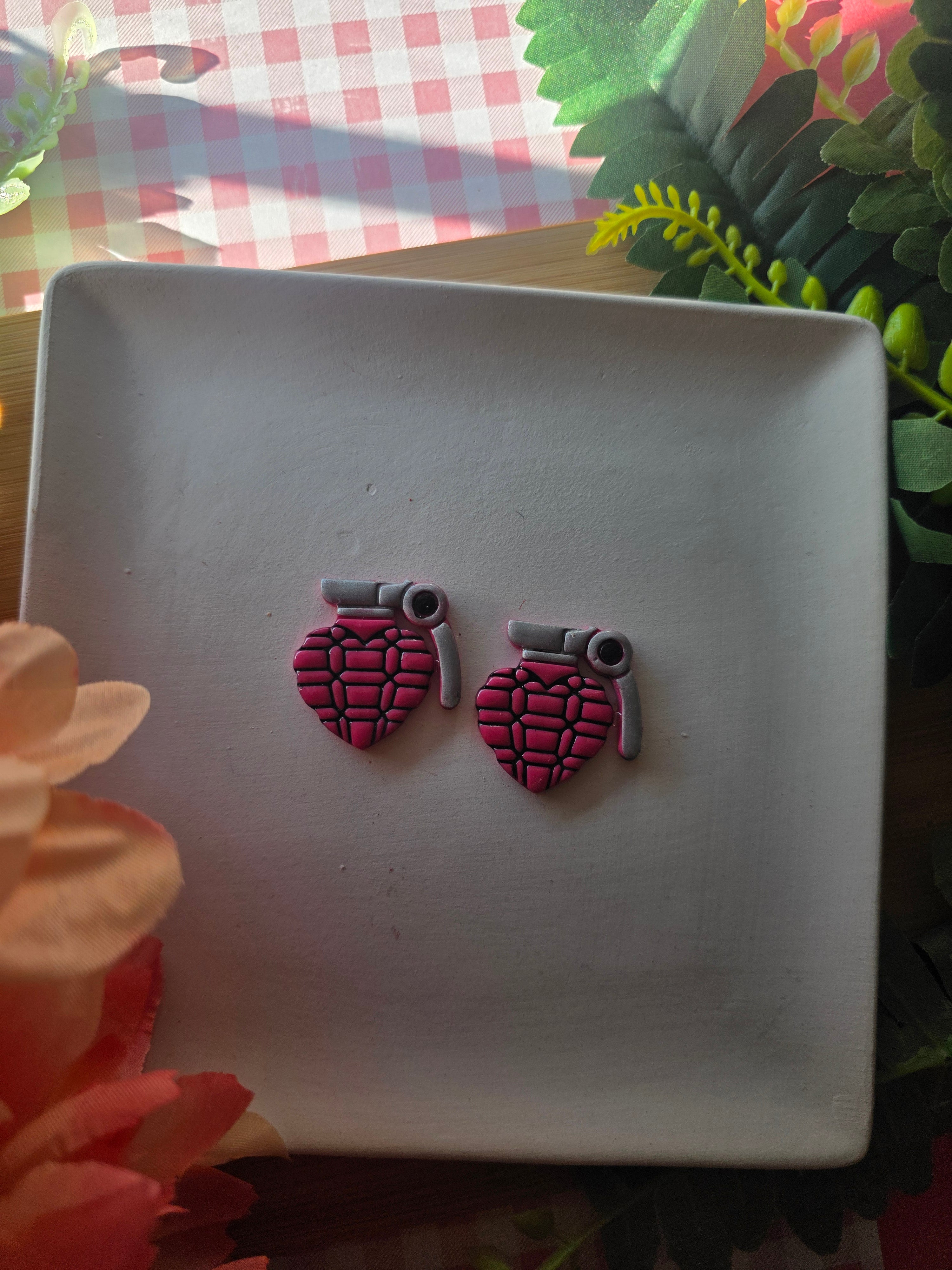 Heart Grenade Valentines Earrings