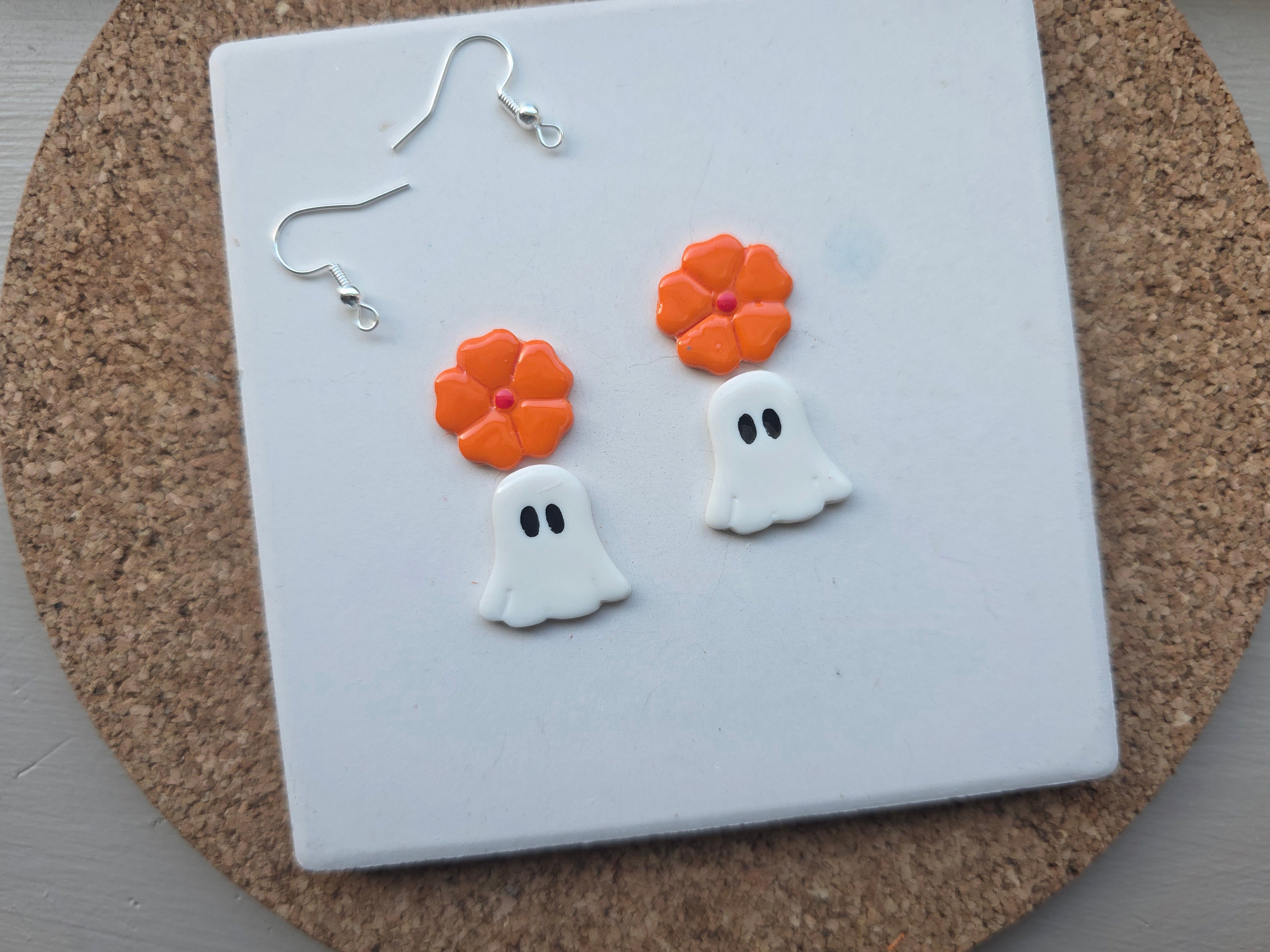 Ghost With Flower Clay Earrings