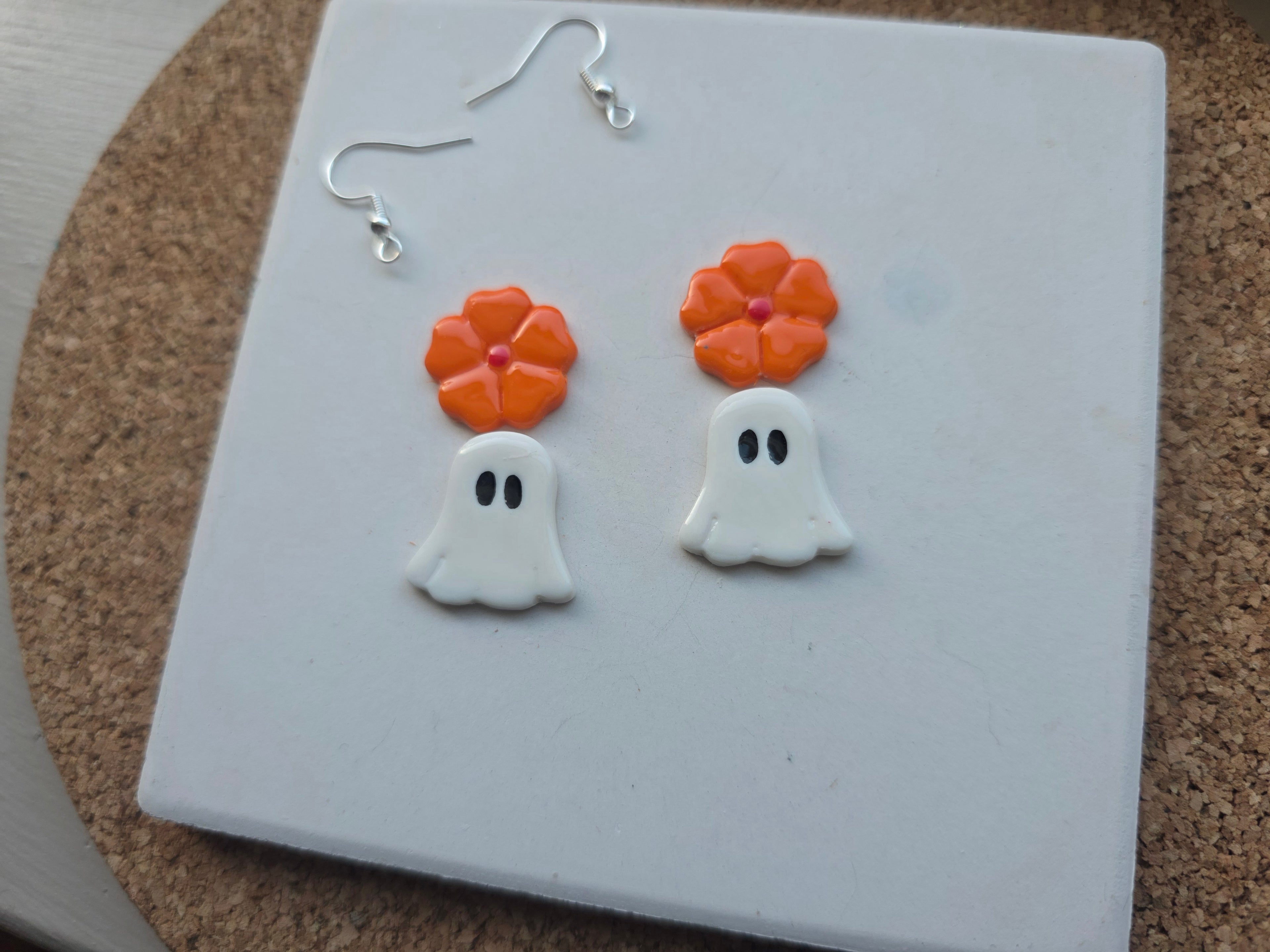 Ghost With Flower Clay Earrings