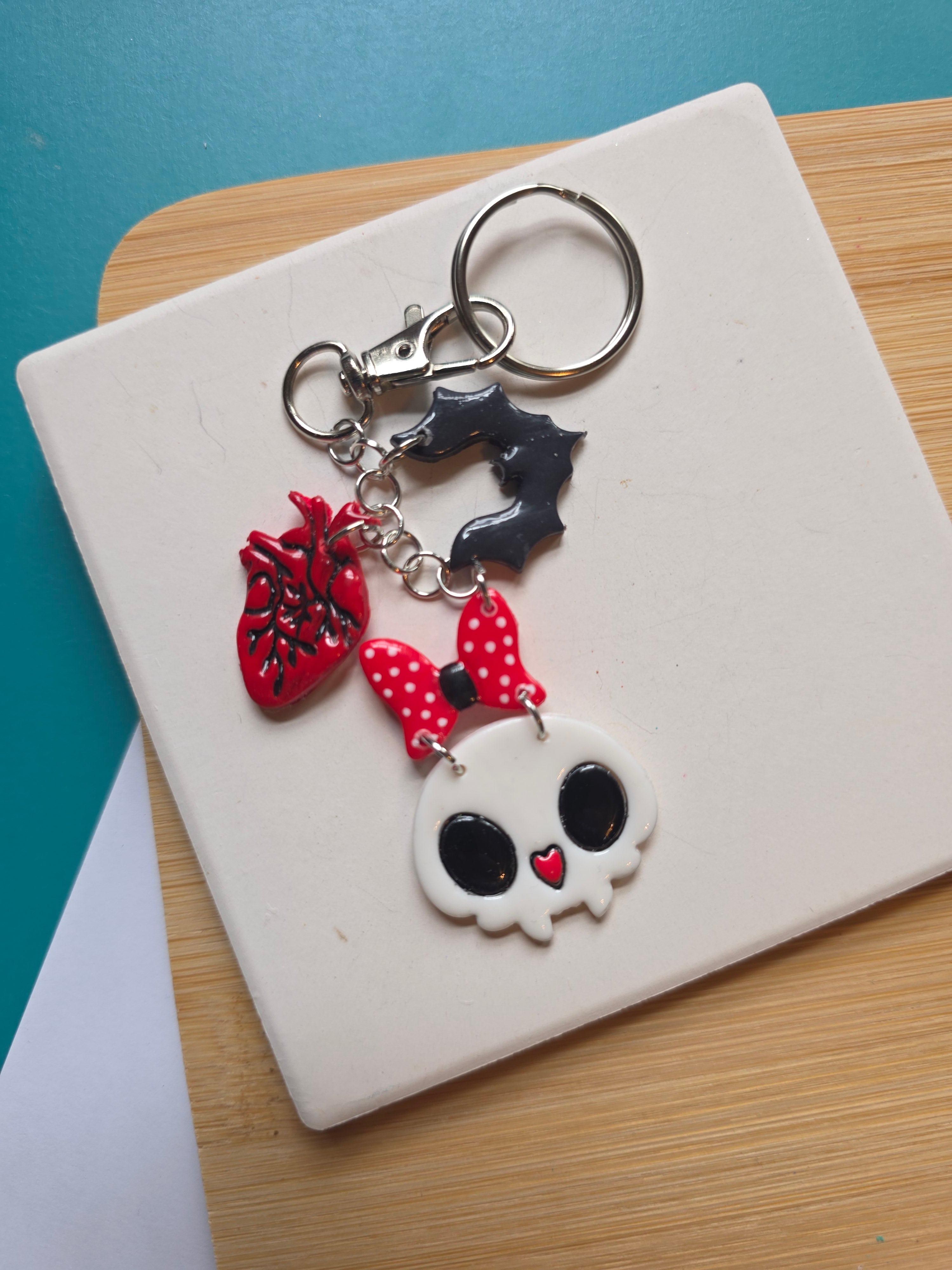 Cat Skull and Friends Clay Keychain