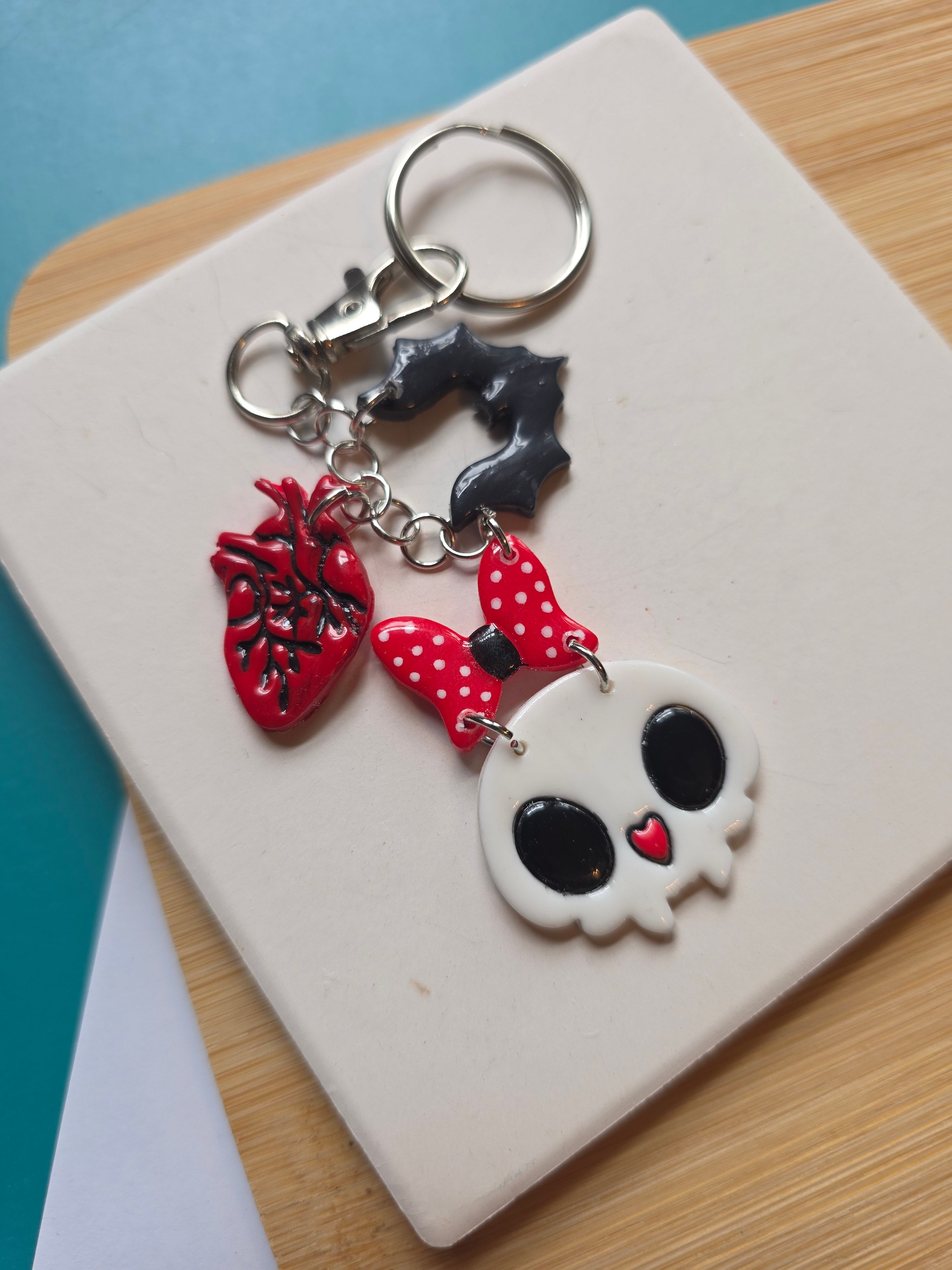Cat Skull and Friends Clay Keychain